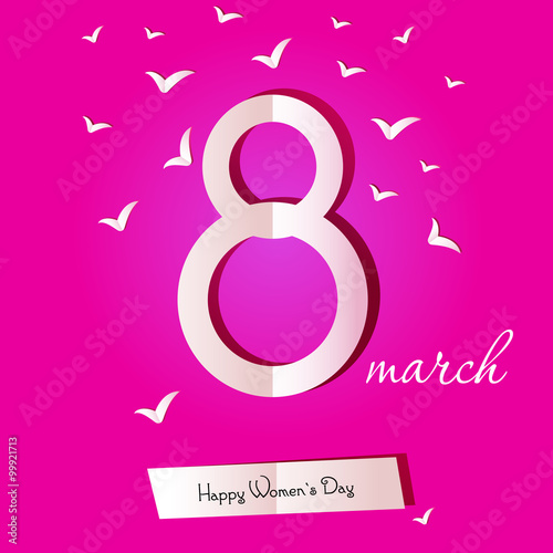 March 8 Women's Day card with roses on white background. Cut fro