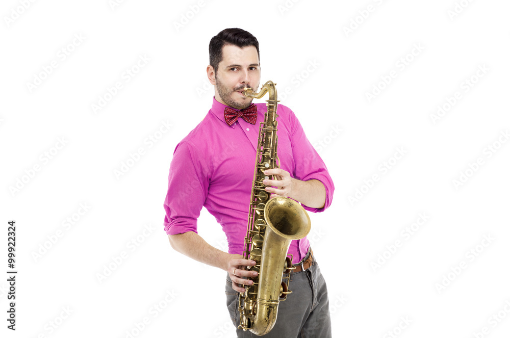Fototapeta premium saxophone player in bright blue shirt with bowtie, isolated on white background. stylish man musician look into camera. musical teacher
