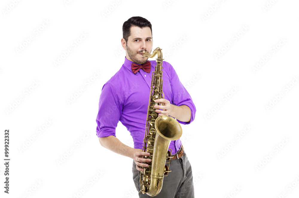 Fototapeta premium saxophone player in bright blue shirt with bowtie, isolated on white background. stylish man musician look into camera. musical teacher