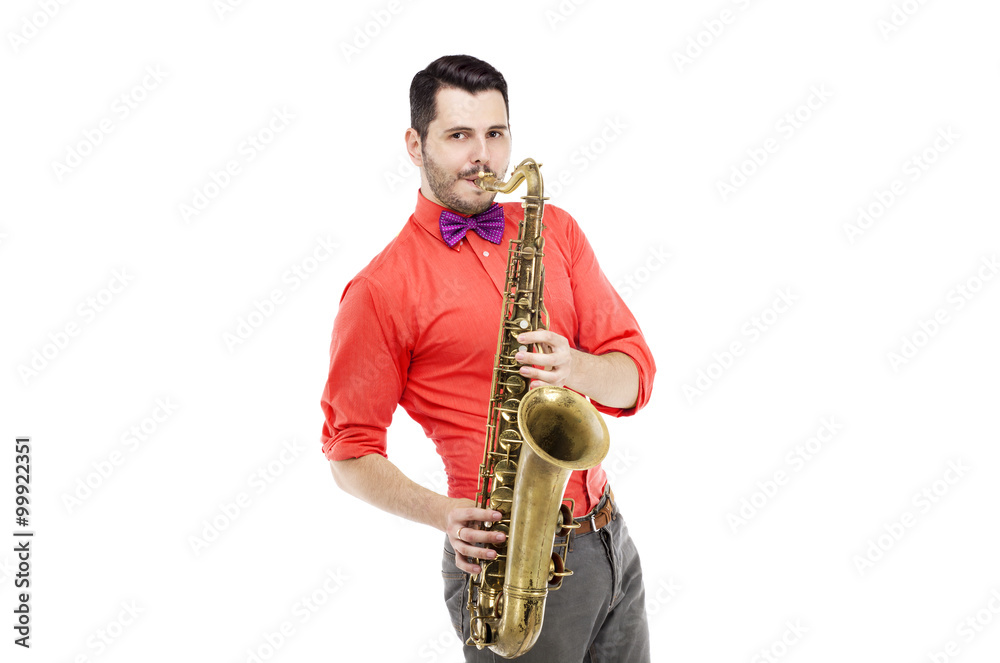 Fototapeta premium saxophone player in bright blue shirt with bowtie, isolated on white background. stylish man musician look into camera. musical teacher