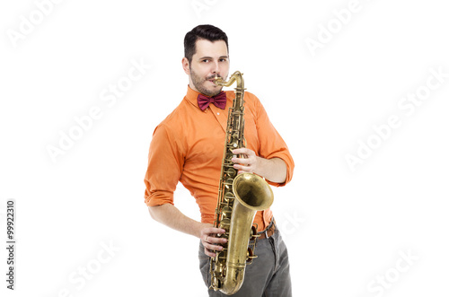 saxophone player in bright blue shirt with bowtie  isolated on white background. stylish man musician look into camera. musical teacher