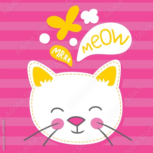 Wheite kitten onon a bright pink striped background vector illustration. photo