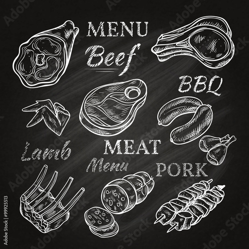 Retro Meat Menu Icons On Chalkboard