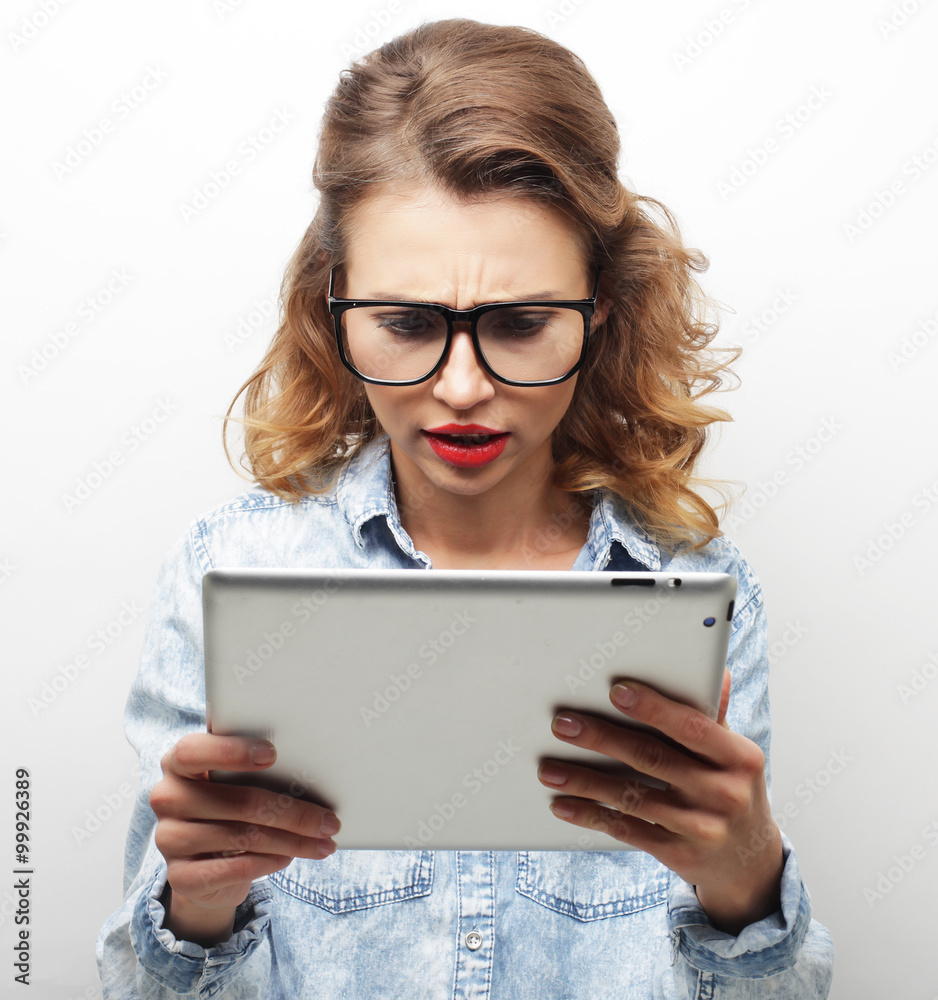 happy teenage girl wearing glasses with tablet pc computer happy teenage girl wearing glasses with tablet pc computer