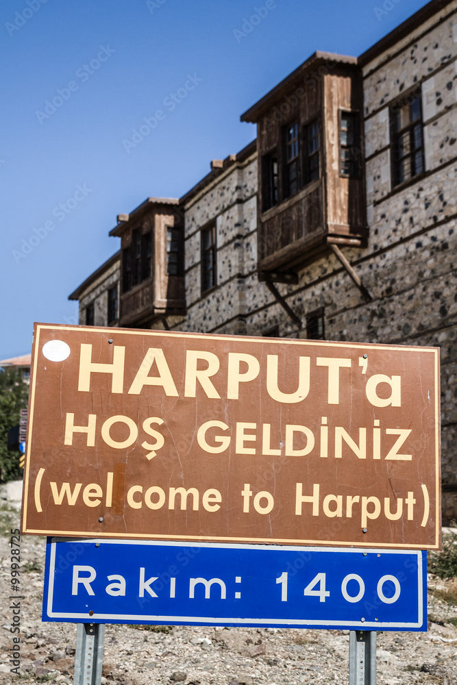 Harput City Sign Before Traditional Ottoman Houses