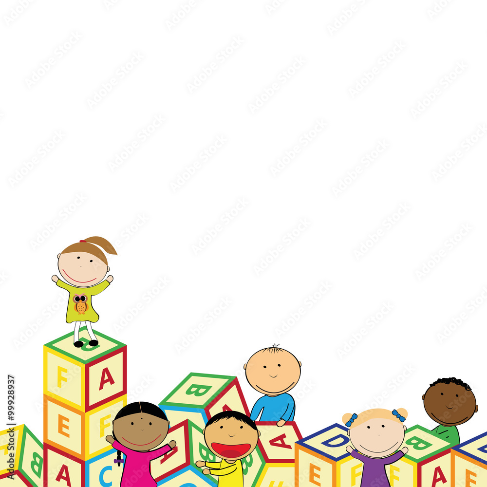 Naklejka premium Happy kids and colorful blocks