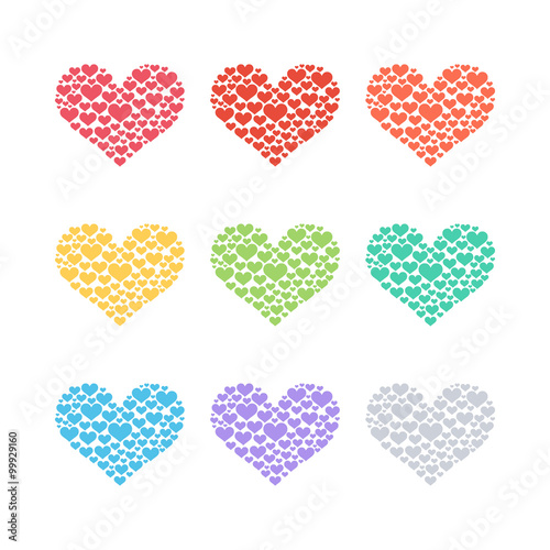 Set of heart sign symbols. Heart of many hearts. Flat color vector illustration.