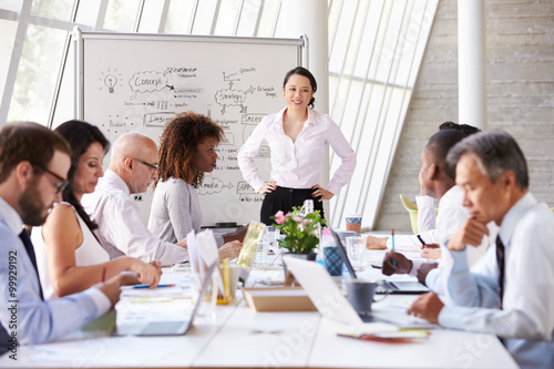 Asian Businesswoman Leading Meeting At Boardroom Table