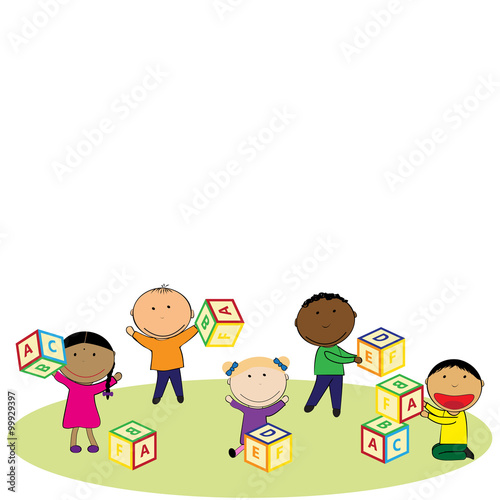 Happy kids and colorful blocks