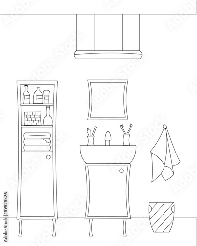 
Bathroom interior. Vector illustration of bathroom. Bathroom by line icon style. Sink and mirror. Cabinet with pile of towels, bottles, shampoo and box. Tile wall. Black and white illustration