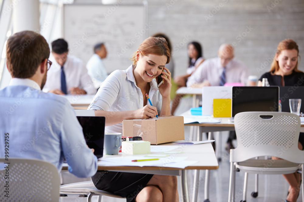 Businesswoman On Phone Arranging Collection Of Package Businesswoman On Phone Arranging Collection Of Package