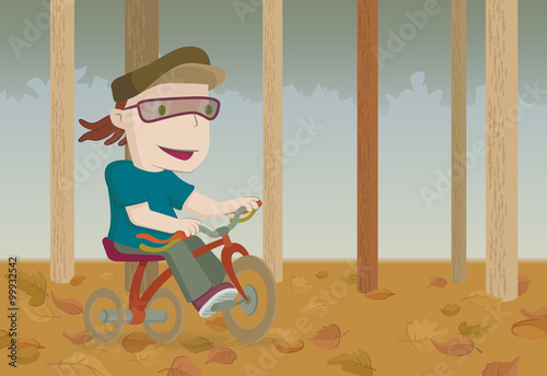 Vector illustration of a boy riding a tricycle in a forest in autumn