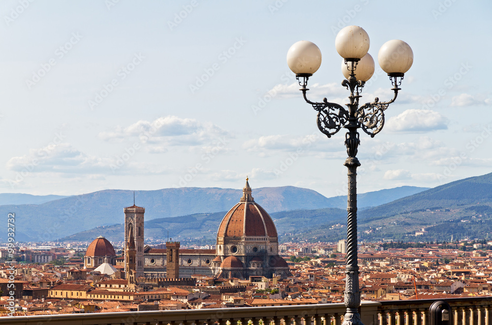 Fototapeta premium Beautiful view over the city of Florence, Italy, with the Cathedral and a beautiful street light