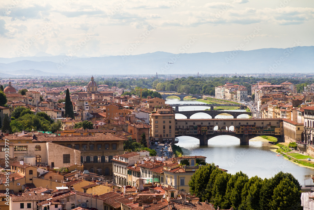 Beautiful view on the bridges over the river Arno in Florence, Italy