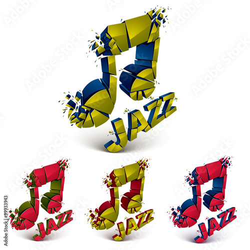 Colorful 3d vector musical notes collection broken into pieces,