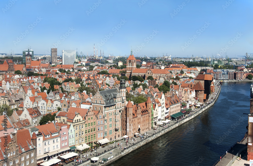 Gdansk old city in Poland with the oldest medieval port crane (Zuraw) in Europe. Aerial view.