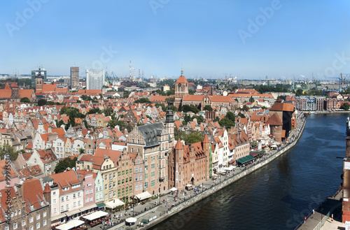 Gdansk old city in Poland with the oldest medieval port crane (Zuraw) in Europe. Aerial view.