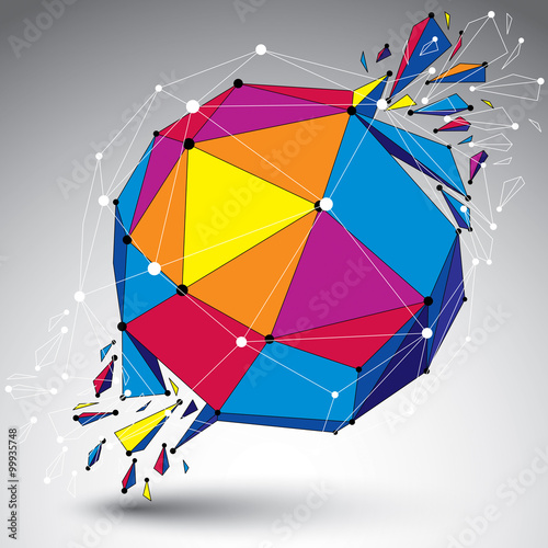 Abstract colorful 3d faceted figure with connected lines and dot