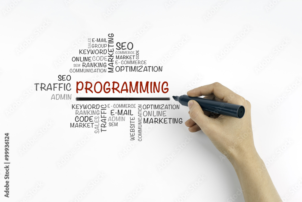 Hand with marker writing Programming word cloud, business concep Hand with marker writing Programming word cloud, business concep