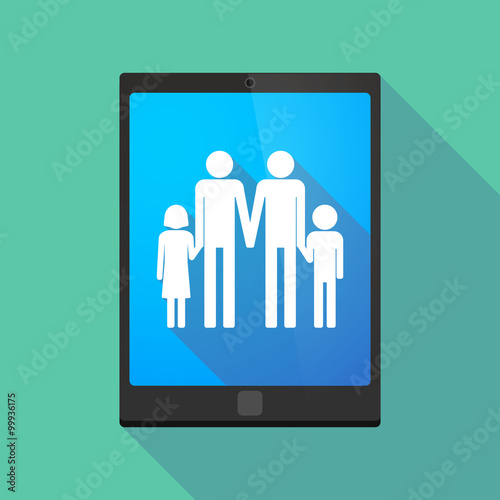 Long shadow tablet pc icon with a gay parents  family pictogram