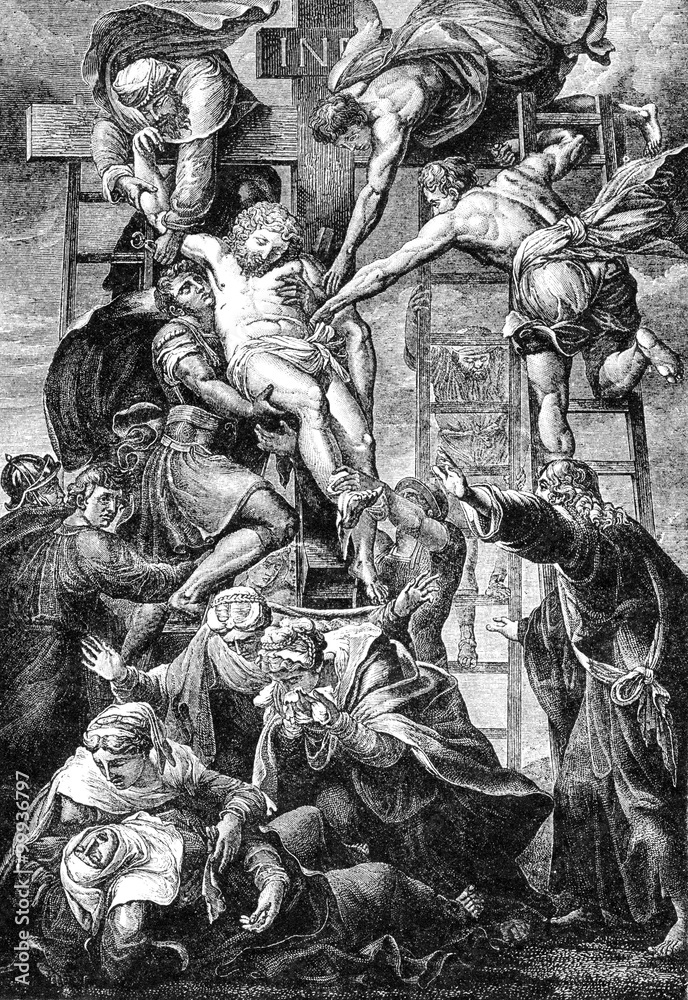 An engraved illustration image of  The Crucifixion of Jesus Christ  from a Victorian Bible dated 1883 that is no longer in copyright