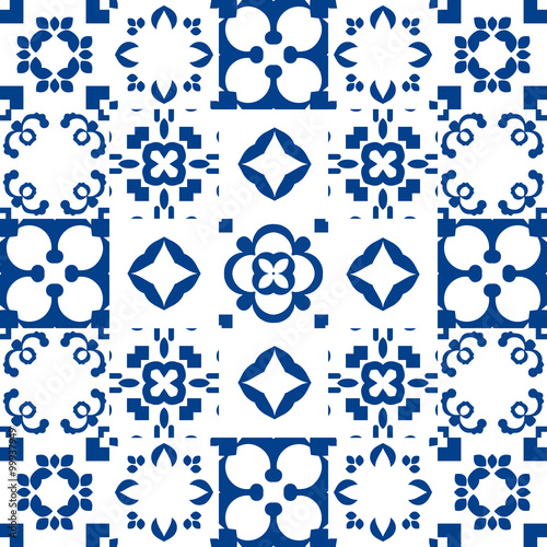 Blue and white portuguese azulejos ceramic tiles. Patchwork pattern style. 
