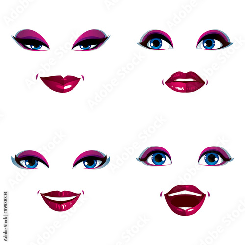 Set of vector beautiful female visage with stylish makeup  eyes