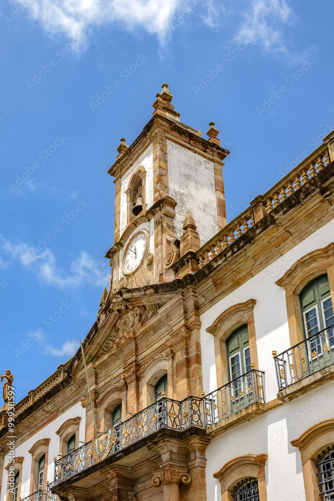 Historic clock and bell tower facade at Ouro Preto city