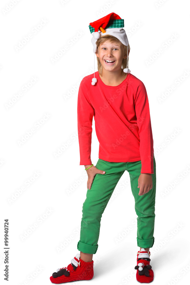 winter holiday christmas concept - boy in santa hat portrait on white isolated winter holiday christmas concept - boy in santa hat portrait on white isolated
