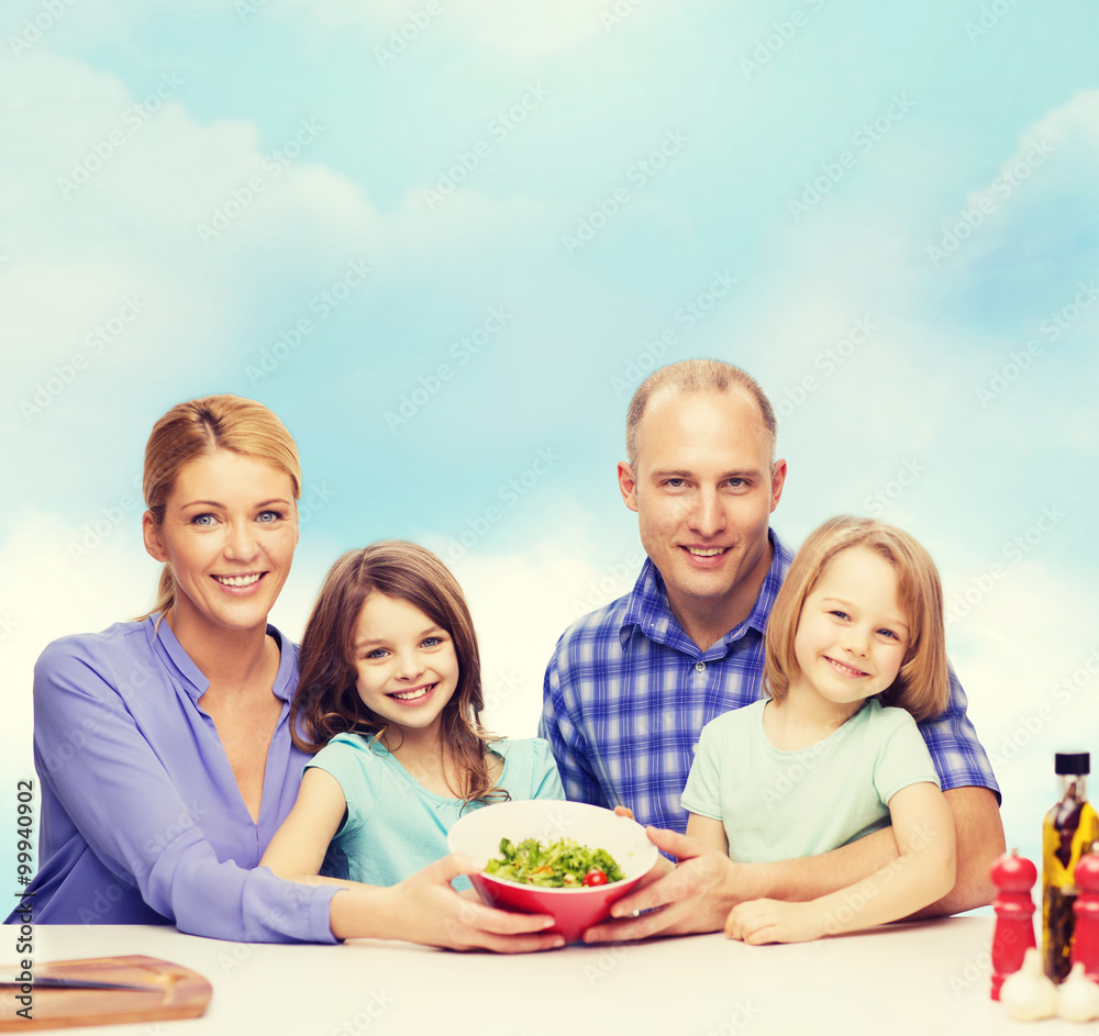happy family with two kids with salad at home happy family with two kids with salad at home
