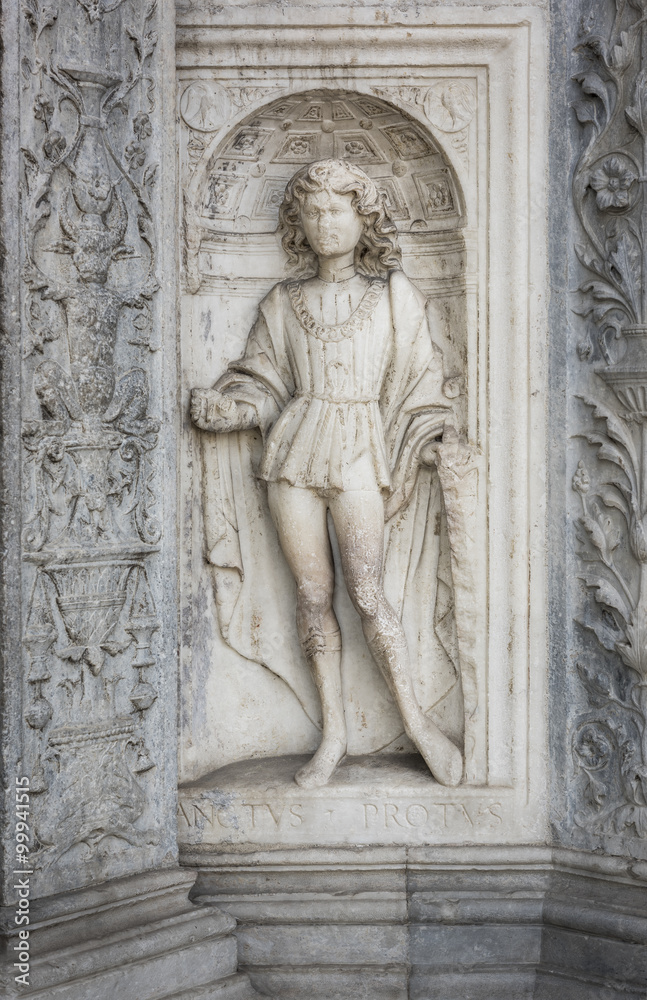 Renaissance Statue of Saint Protas:  A marble statue of the Christian Saint Protas in an elaborately carved niche in Como, Italy