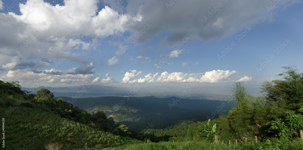 Panoramic view of tree, mountain and cloudy sky view of Chiangma