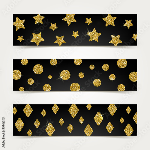 Black banners with golden glitter elements - vector illustration