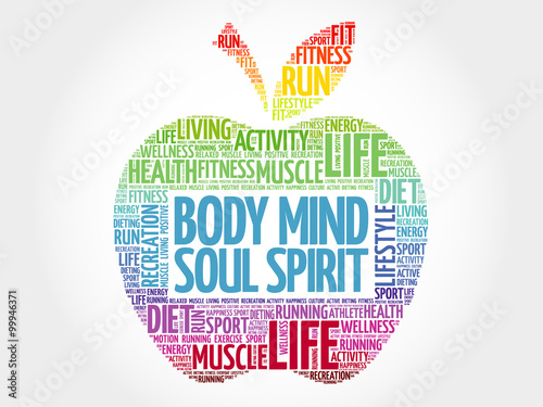 Body Mind Soul Spirit apple word cloud, health concept
