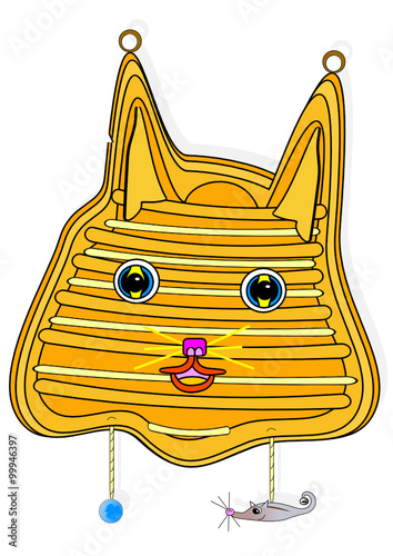 Rascador para gatos con forma de cabeza de gato y juguetes colgantes.