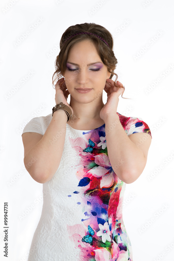Young beautiful woman in white dress isolated over white Young beautiful woman in white dress isolated over white