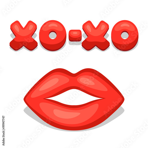 Greeting card with xo-xo and lips. Concept can be used for Valentines Day, wedding or love confession message 