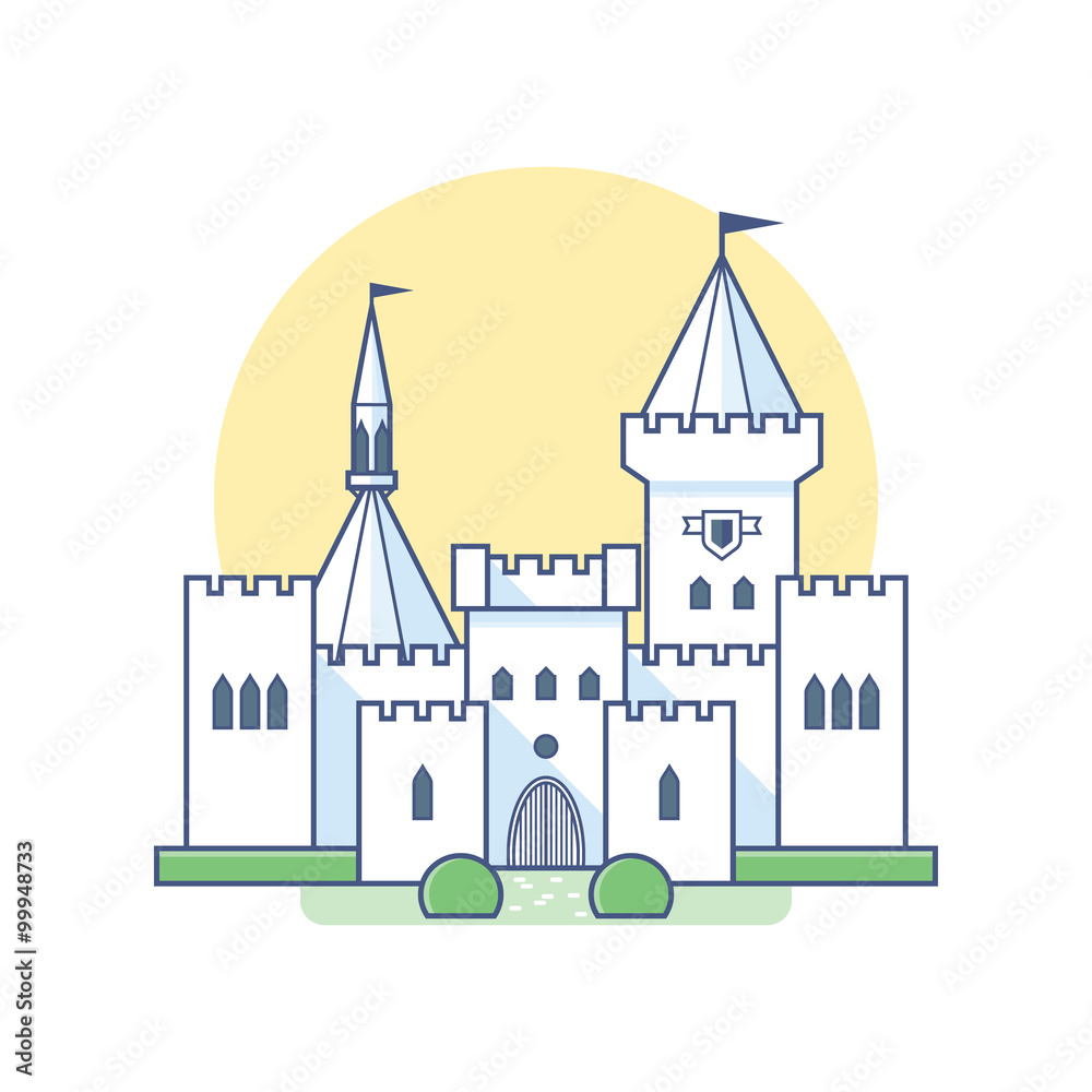 Medieval castle in linear flat style. Vector isolated illustration on white background. 