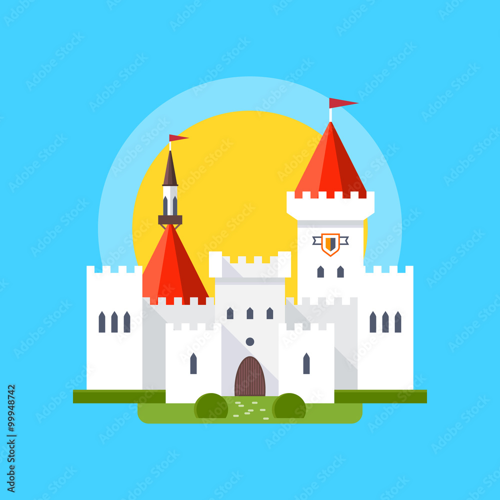 Colorful vector illustration of a medieval castle in linear flat style. 