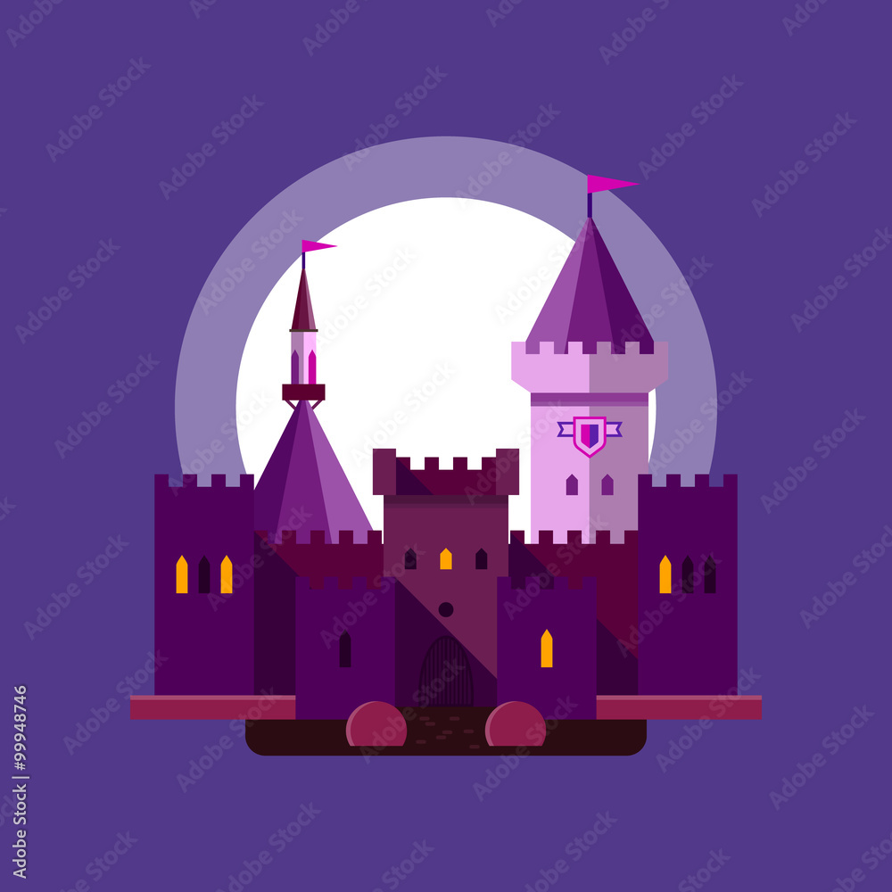 Colorful illustration of a night medieval castle.  Vector illustration in linear flat style.