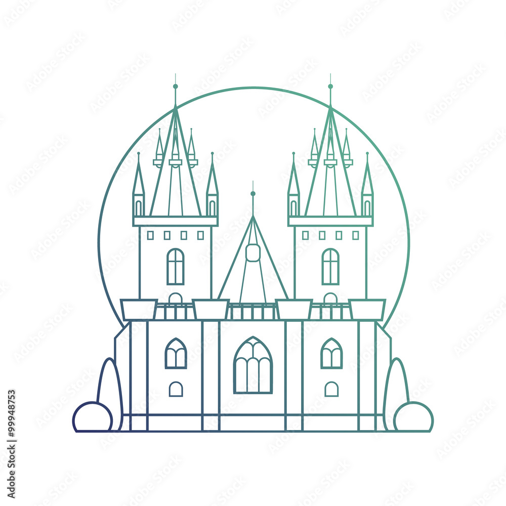 Gothic castle with towers, stained glass windows, columns and garden plantings in linear flat style. 