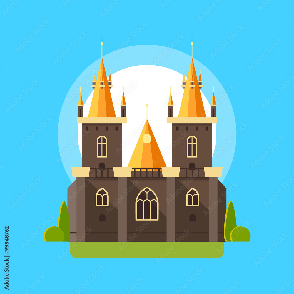 Colorful vector illustration of a gothic castle in linear flat style.