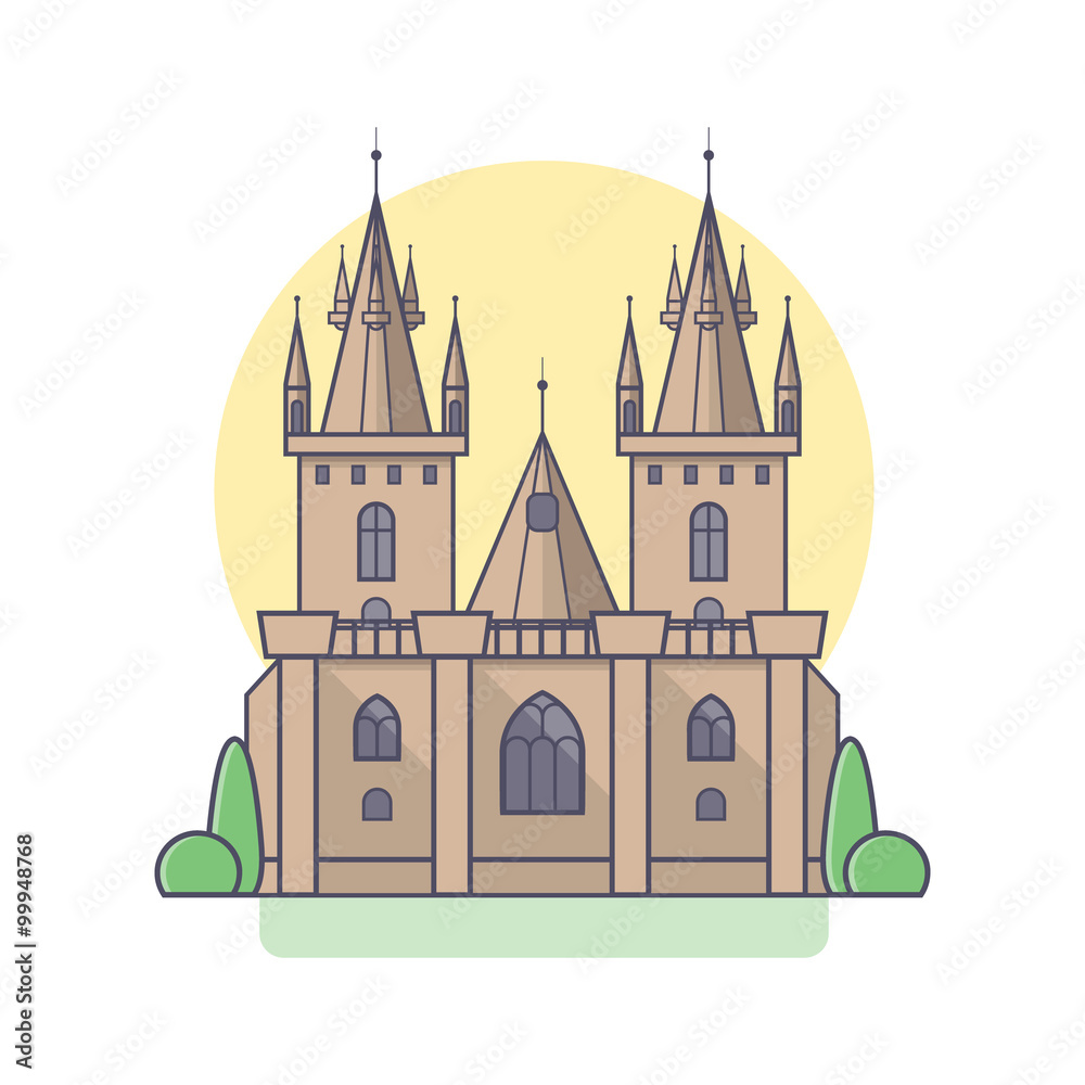 Medieval gothic castle in linear flat style. Vector isolated illustration on white background. 