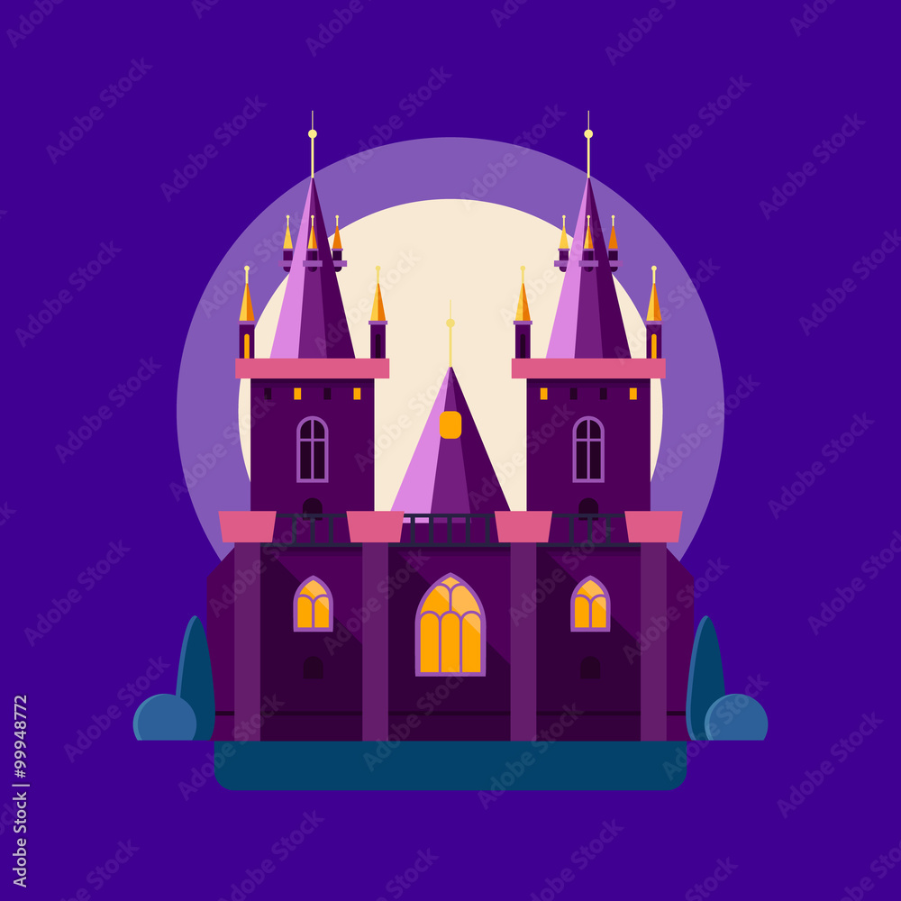 Vector illustration of a of a night medieval castle in linear flat style. Gothic palace.