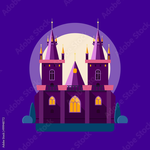 Vector illustration of a of a night medieval castle in linear flat style. Gothic palace.