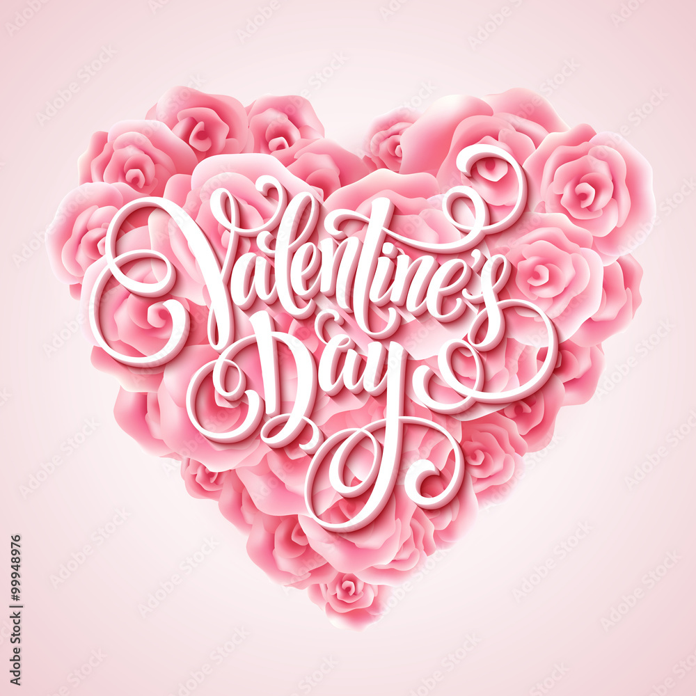 Valentine card with rose heart and calligraphic lettering. Vector illustration