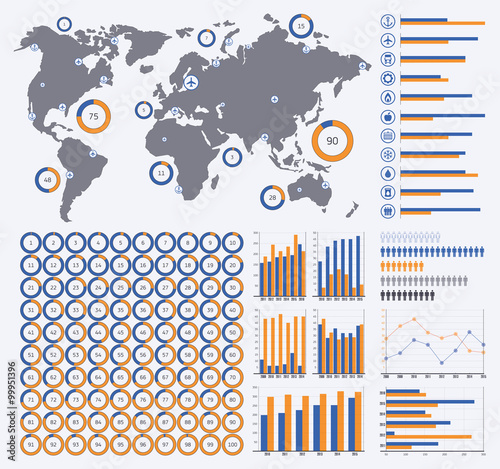 Vector infographics set, ring diagrams from 1 to 100 percent, more charts, world map, transport icons