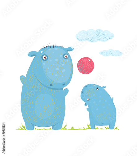 Hippopotamus parent playing ball with a child