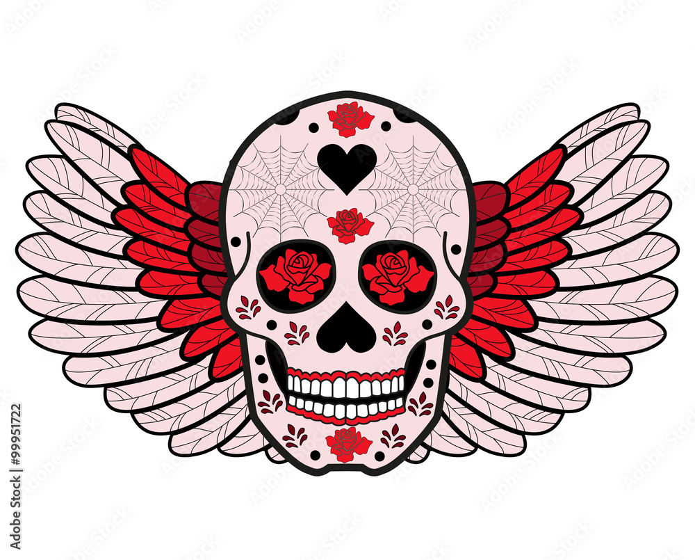 Mexican skull with wings vector, teschio messicano con ali