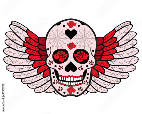 Mexican skull with wings vector, teschio messicano con ali vettoriale su sfondo bianco photo